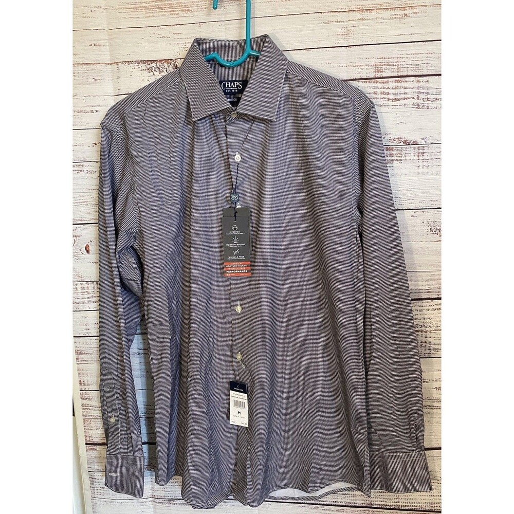Chaps Mens Slim Fit Stretch size M LS Shirt black, white check 15/15.5 32/33 NWT